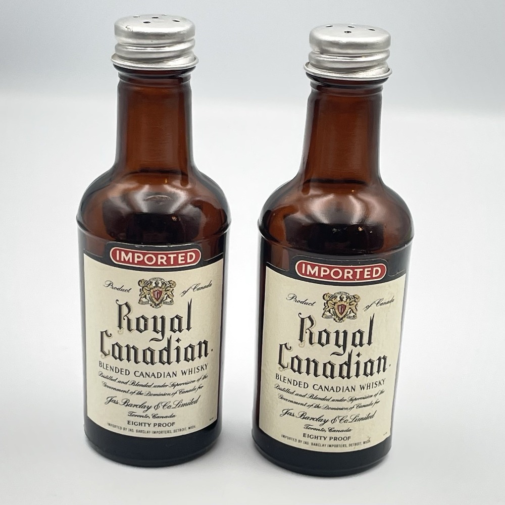 Vintage Royal Canadian Whisky Bottle Salt & Pepper Shakers Amber Barware Pair